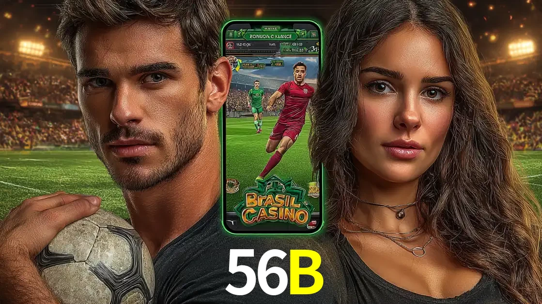 Homem segurando uma bola de futebol e uma mulher ao lado de um smartphone exibindo o jogo de apostas esportivas da 56B. Faça seu palpite no cassino online.